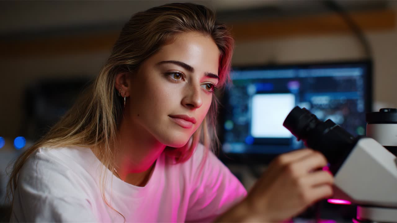 A focused researcher examines a specimen under a microscope, illuminated by a soft light, emphasizing the beauty of scientific inquiry and the intricate details only visible through advanced optics