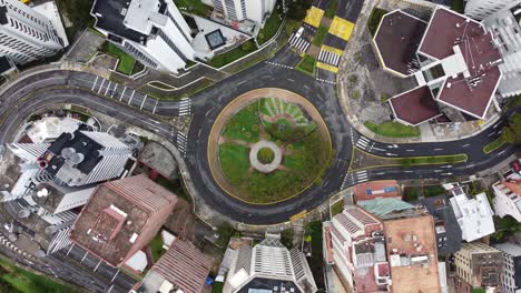 beautiful aerial view of paved street in a circle with grass in the center, traffic and lifestyle in city with buildings, latin america in quito ecuador