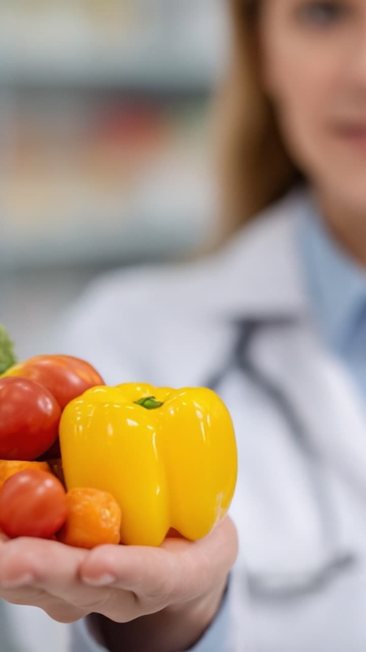 Professionista sanitario sottolinea l'importanza di scelte nutrienti con una manciata di frutta e verdura fresca, evidenziando l'importanza di abitudini alimentari sane per il benessere