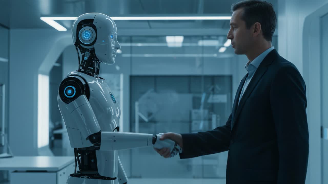 A Professional Interaction Between an Advanced Robot and a Human in a Futuristic Office Setting, Demonstrating the Potential of AI Technology in Communication and Collaboration