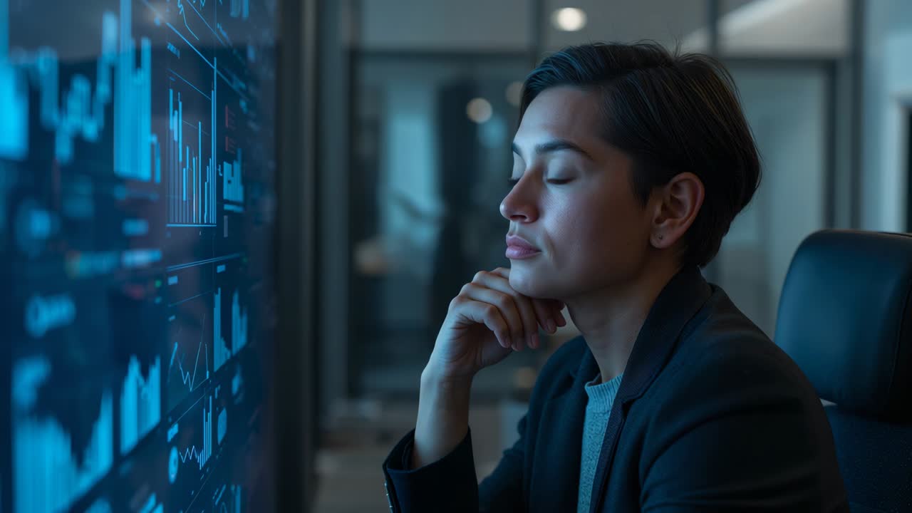 Analyzing woman in dark blazer studying wall display data after screen update at office, copy space