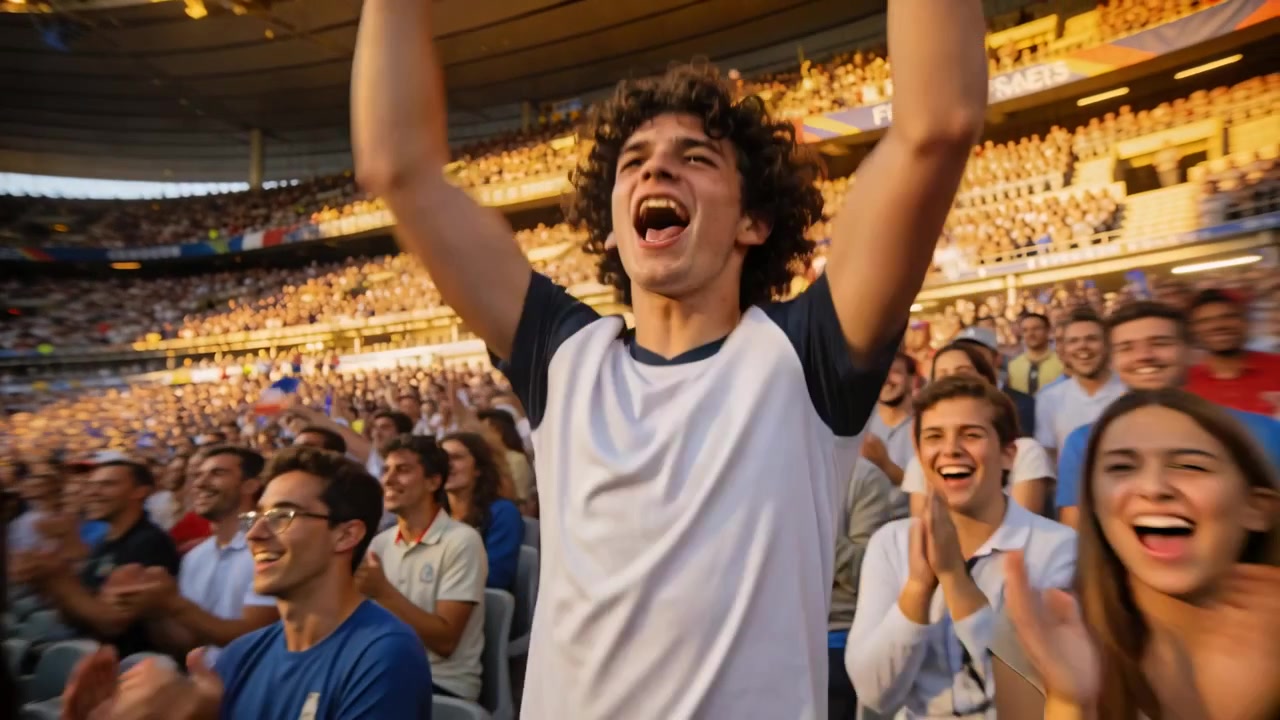 Adolescente animando con camiseta blanca de mangas azul marino reaccionando a un gol, agitando los puños y luego calmándose, asientos de la arena.