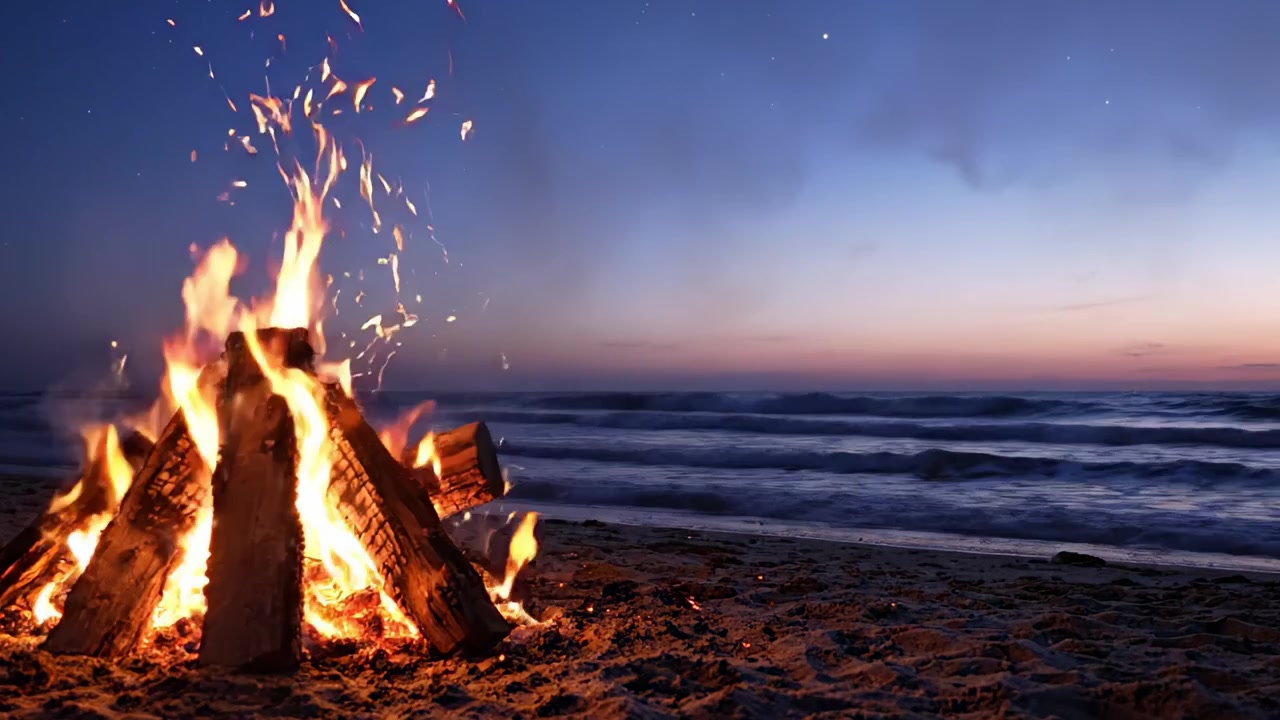 Una tranquilla serata in spiaggia: fiamme affascinanti danzano vicino all'oceano sotto un cielo stellato, illuminando la riva sabbiosa al crepuscolo.