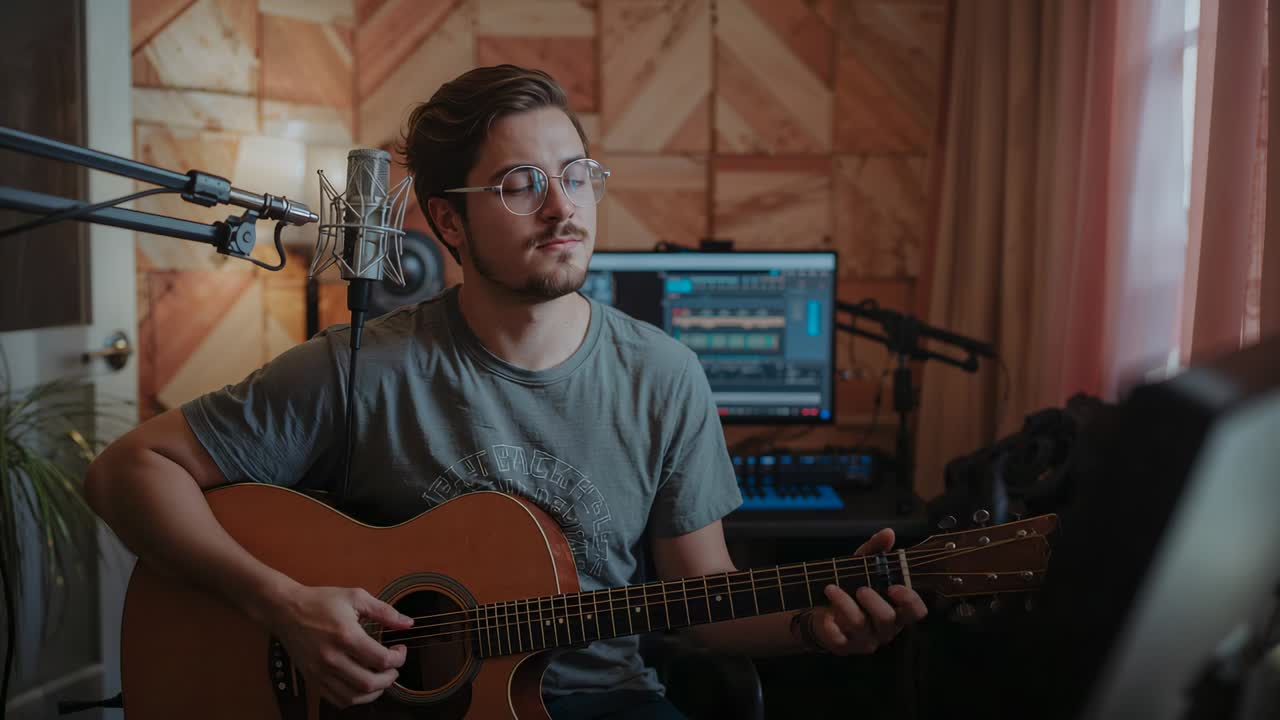 Playing musician prompted by DAW and mic, plucking acoustic guitar, shifting chords in home studio