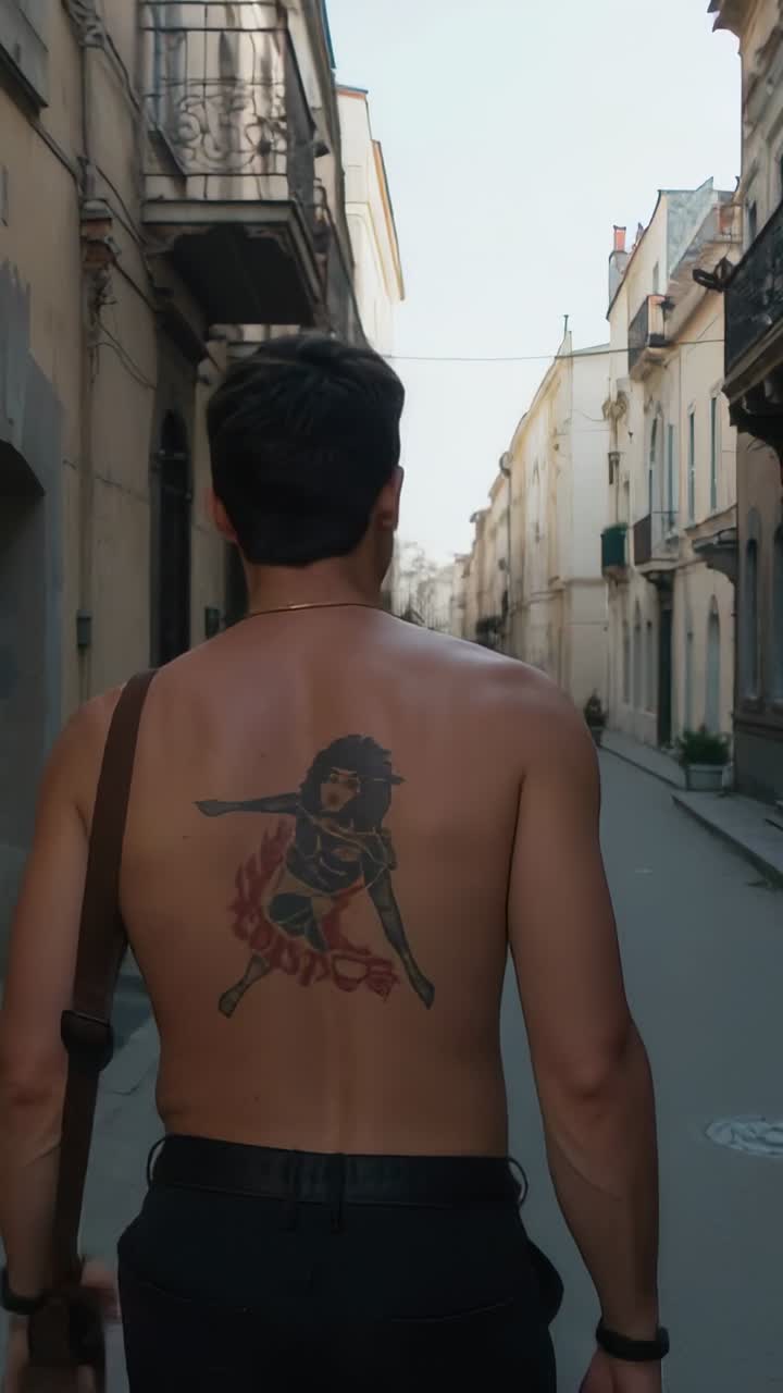 Vídeo vertical: câmera seguindo homem sem camisa caminhando pelo beco, indo em frente, tatuagem, bolsa