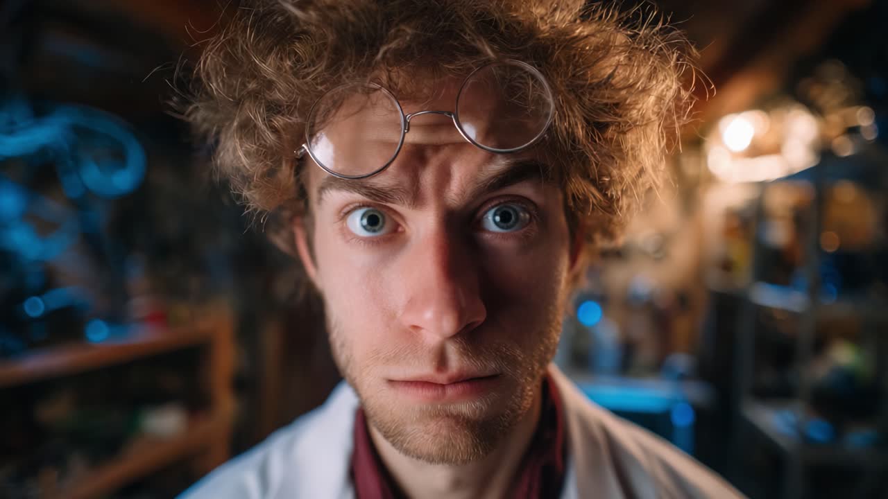 Um cientista chocado em um laboratório desordenado, mostrando emoções intensas com cabelos e óculos despenteados, captura a essência da descoberta e do espanto
