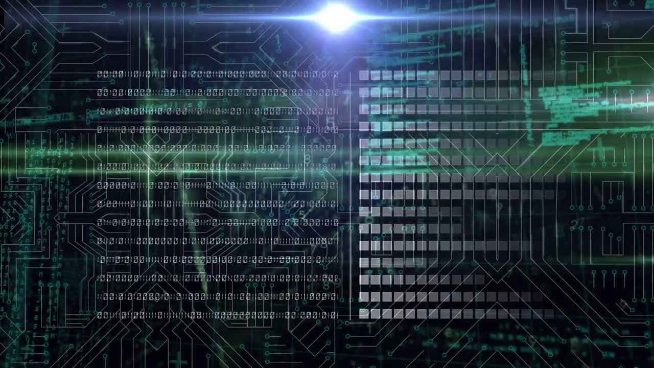 Animation of binary coding, data processing over glowing computer circuit board