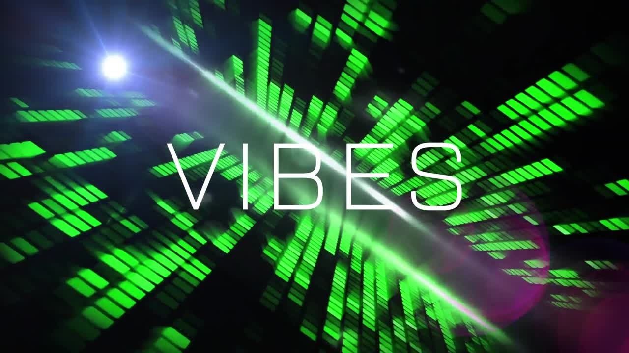 Animation of vibes text over moving collumns on black background