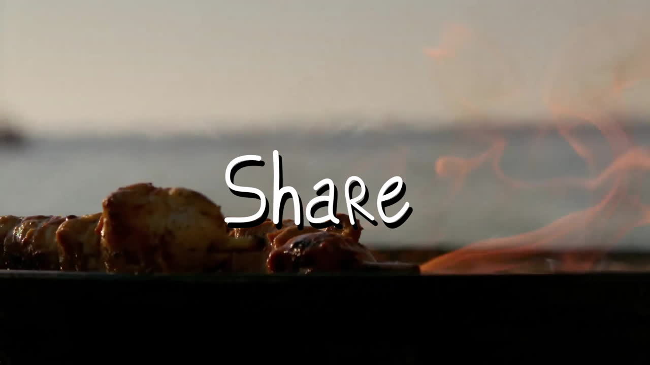 Grilling food with flames, bold text sharing scene in animation