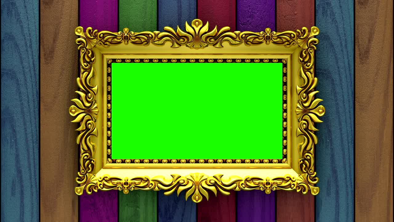 Luxury gold picture frame on background of rapidly changing textures of wood and upholstery. 3D animation, seamless loop, green screen.