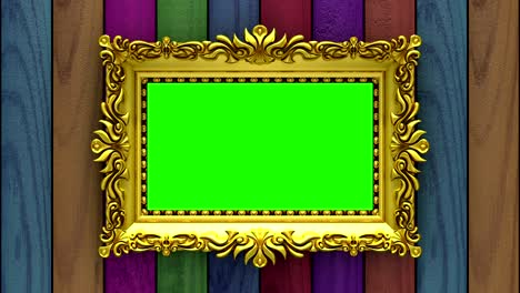marco de cuadros de oro de lujo en el fondo de texturas de madera y tapicería que cambian rápidamente. animación 3d, bucle sin costuras, pantalla verde.