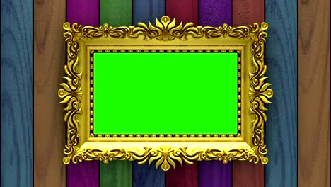 luxury gold picture frame on background of rapidly changing textures of wood and upholstery. 3d animation, seamless loop, green screen.