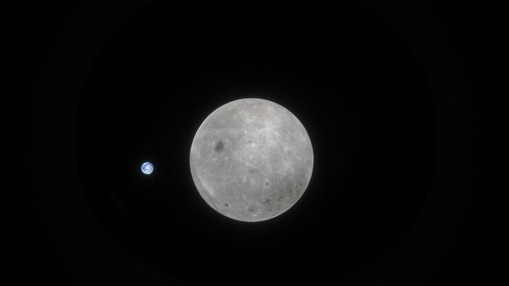 A Lua completa um dia de lua cheia, com a Terra completando um mês de rotação no fundo distante