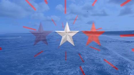 Animation-of-red,-white-and-blue-stripes-and-stars,-american-flag-elements-over-ocean-and-blue-sky