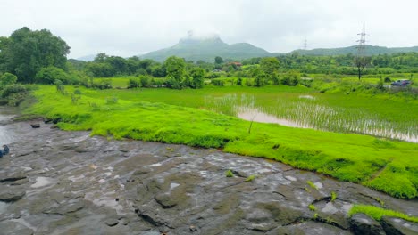 Canal-En-Medio-De-Los-Campos-De-Cultivo-Vista-De-Pájaro