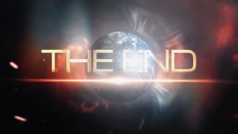 the end futuristic cinematic sci-fi stock video footage. 4k 3d rendering title showing the end golden text message with futuristic technology motion background with flare light and earth rotation.