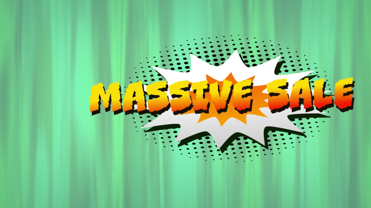 Massive sale text over retro speech bubble against light trails on green background