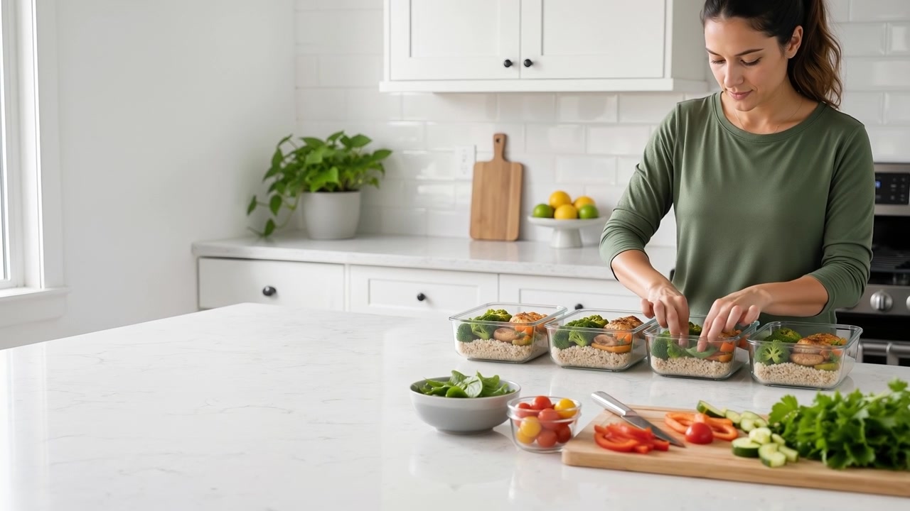 Giovane donna che prepara contenitori per pasti sani con verdure fresche e pollo in cucina