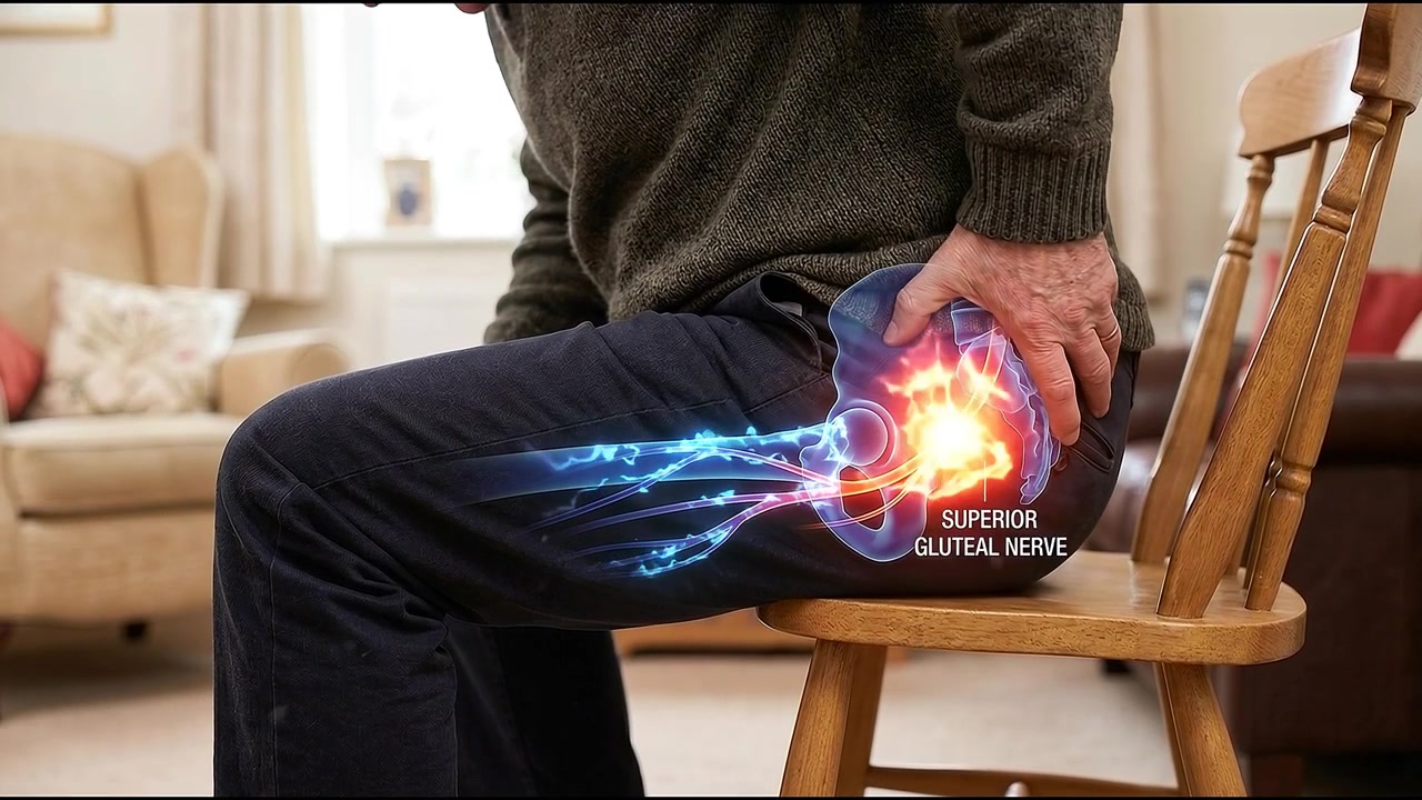 Uomo anziano che prova dolore all'anca con sovrapposizione anatomica dei nervi.