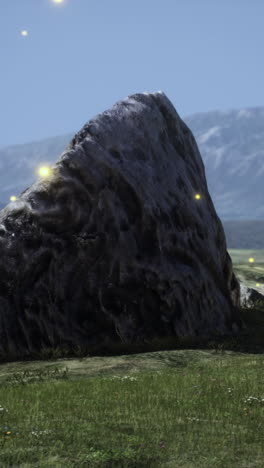 large dark rock in a grassy field