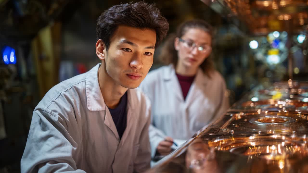 Focused Individuals Engaged in a Technical Task in a Laboratory Setting, Capturing a Moment of Concentration and Collaboration, with Reflective Surfaces and Bright Lighting Enhancing the Atmosphere