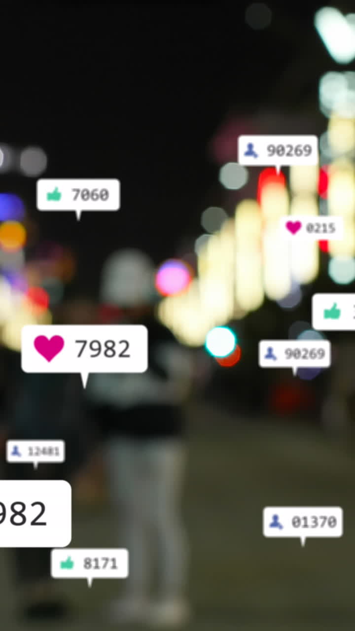 animación de iconos y números de redes sociales sobre semáforos desenfocados