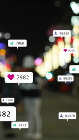 animación de iconos y números de redes sociales sobre semáforos desenfocados