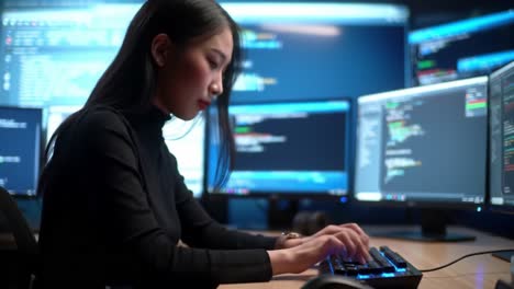 focused programmer engaged in complex coding tasks amidst multiple monitors displaying lines of code and debugging tools in a dimly lit environment