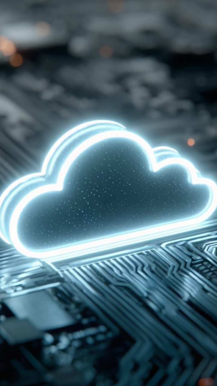 Icona cloud illuminata su circuito stampato: rappresentazione estetica della tecnologia cloud in ambiente digitale