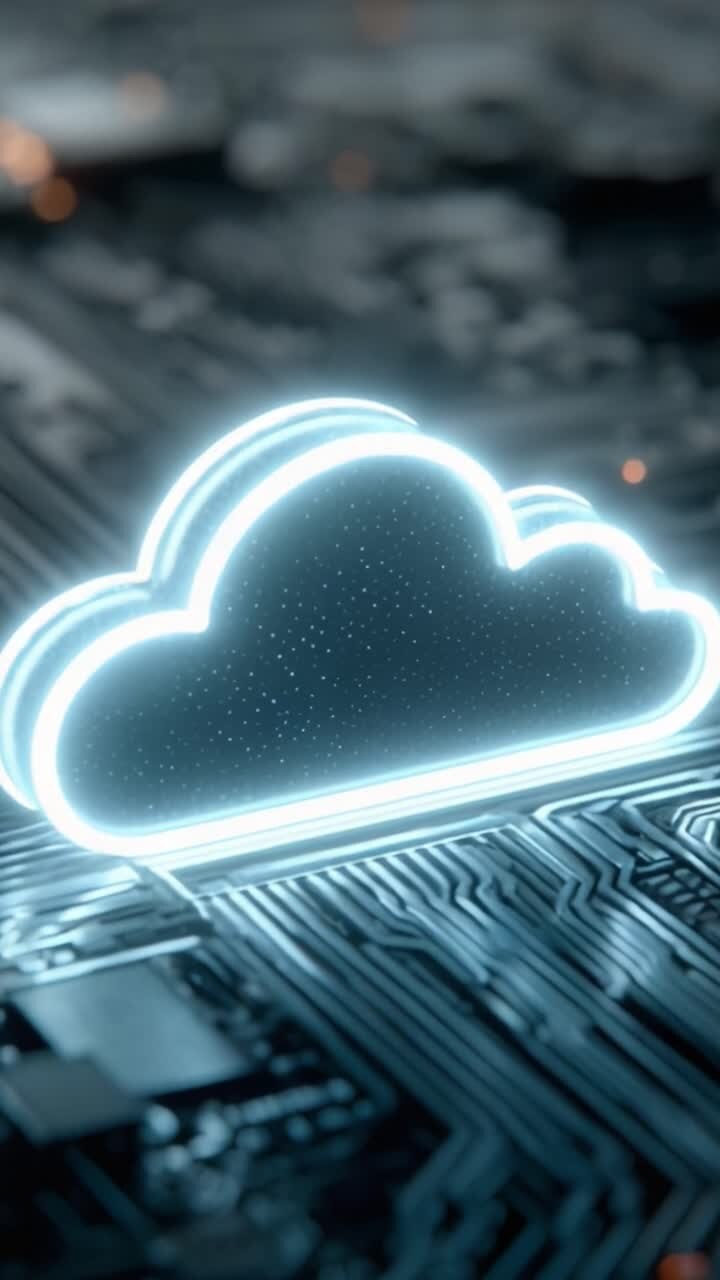 Illuminated Cloud Icon Over Circuit Board: Aesthetic Representation of Cloud Technology in Digital Environment