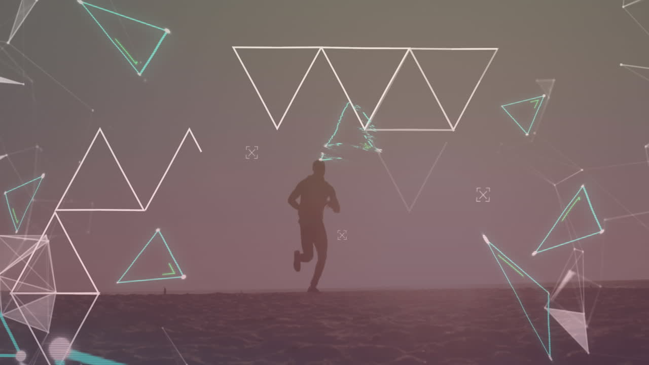 animación de múltiples triángulos sobre la silueta de un hombre afroamericano corriendo por la playa
