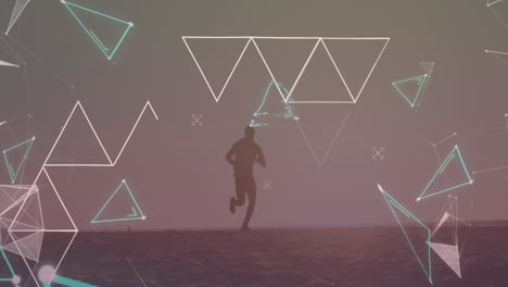 animación de múltiples triángulos sobre la silueta de un hombre afroamericano corriendo por la playa