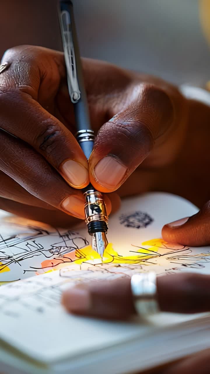 Close-Up of Hands Using a Silver Pen to Illustrate Creative Ideas in a Notebook with Colorful Highlights in a Relaxed Environment