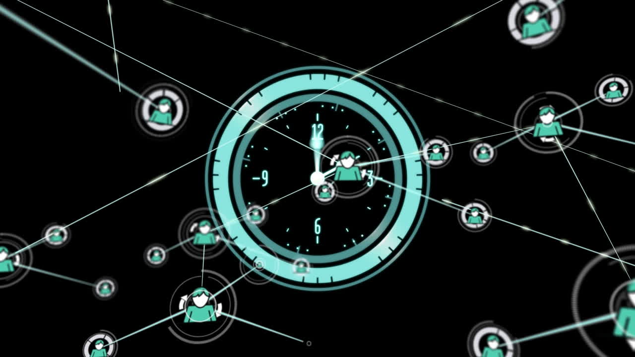 animación de la red de conexiones con iconos sobre un reloj en movimiento sobre fondo negro