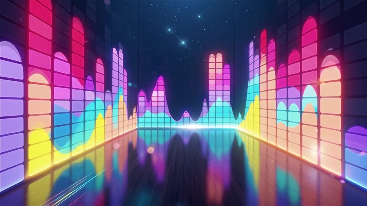 Futuristisk regnbuefarvet neon musik equalizer visualisering baggrund.