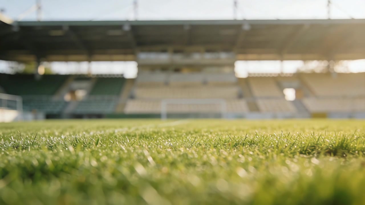 Câmera recuando, revelando o gramado frontal e ampliando a vista pelo campo em direção às balizas e arquibancadas.