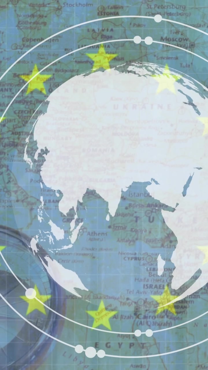 Animasi statistik dan pengolahan data serta globe di atas peta Eropa