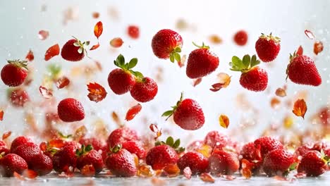 vibrant strawberries and leaves in a dynamic splash