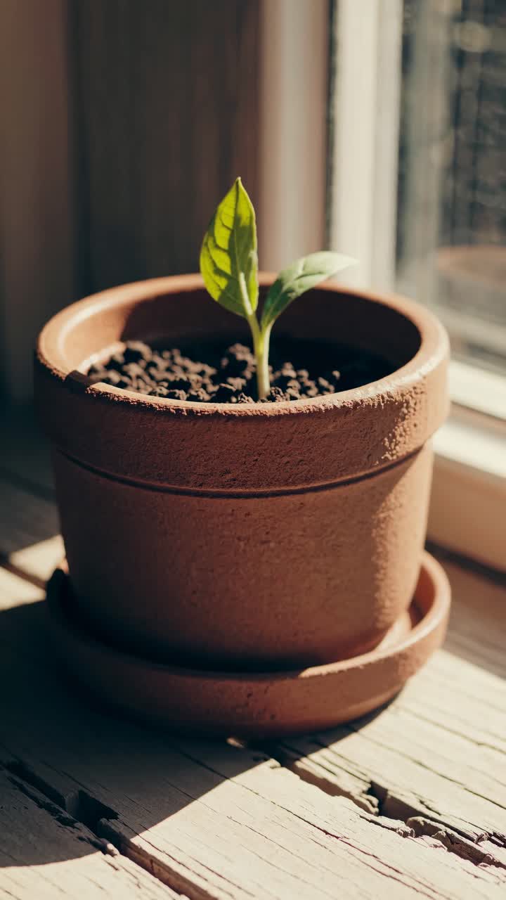 Nærbillede af en lille plante i en lerkrukke på en solbeskinnet vindueskarm, optaget fra en lav vinkel.