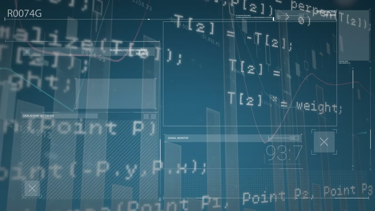 Animation of interface with statistical data processing against blue background