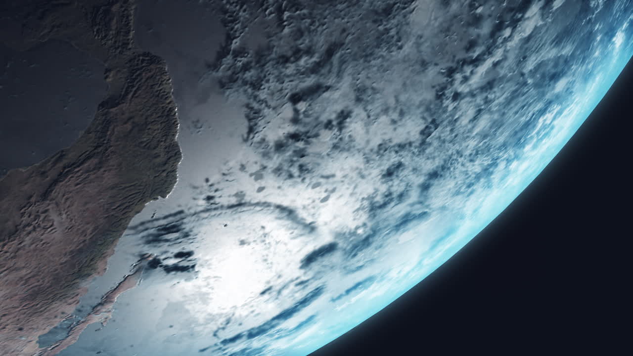 tierra desde el espacio con vista de rotación lenta desde la órbita con nubes dinámicas atmósfera marina y fuerte reflejo del sol