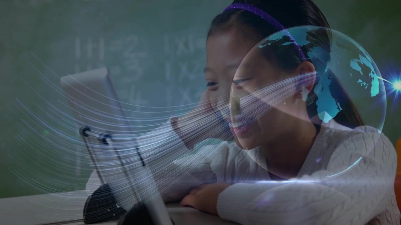 student tapping tablet screen activating data streams weaving around holographic globe in education