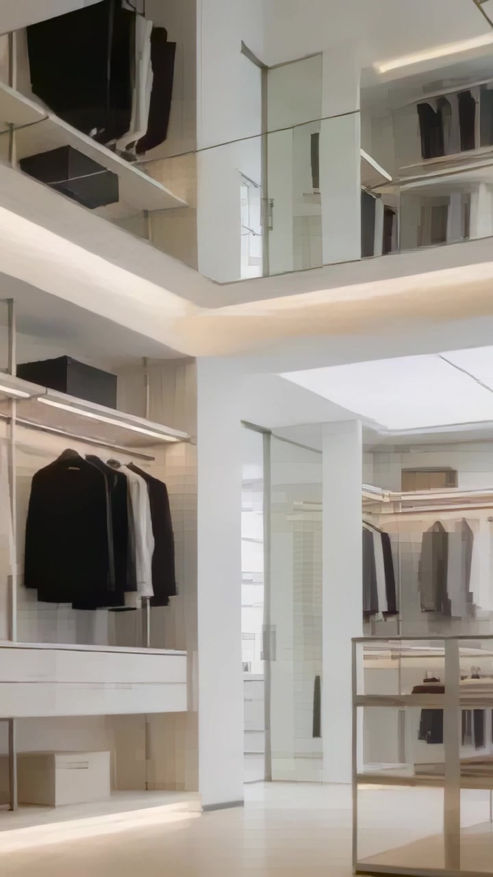Vertical video: Panning shot through closet, showing glass island and jackets with LEDs