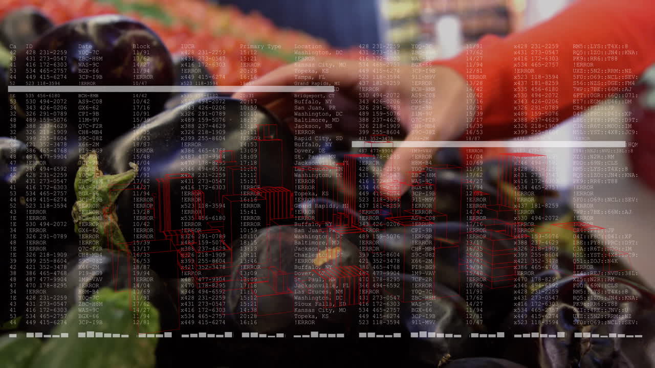 Selecting eggplants by hand, data processing animation overlay in school setting