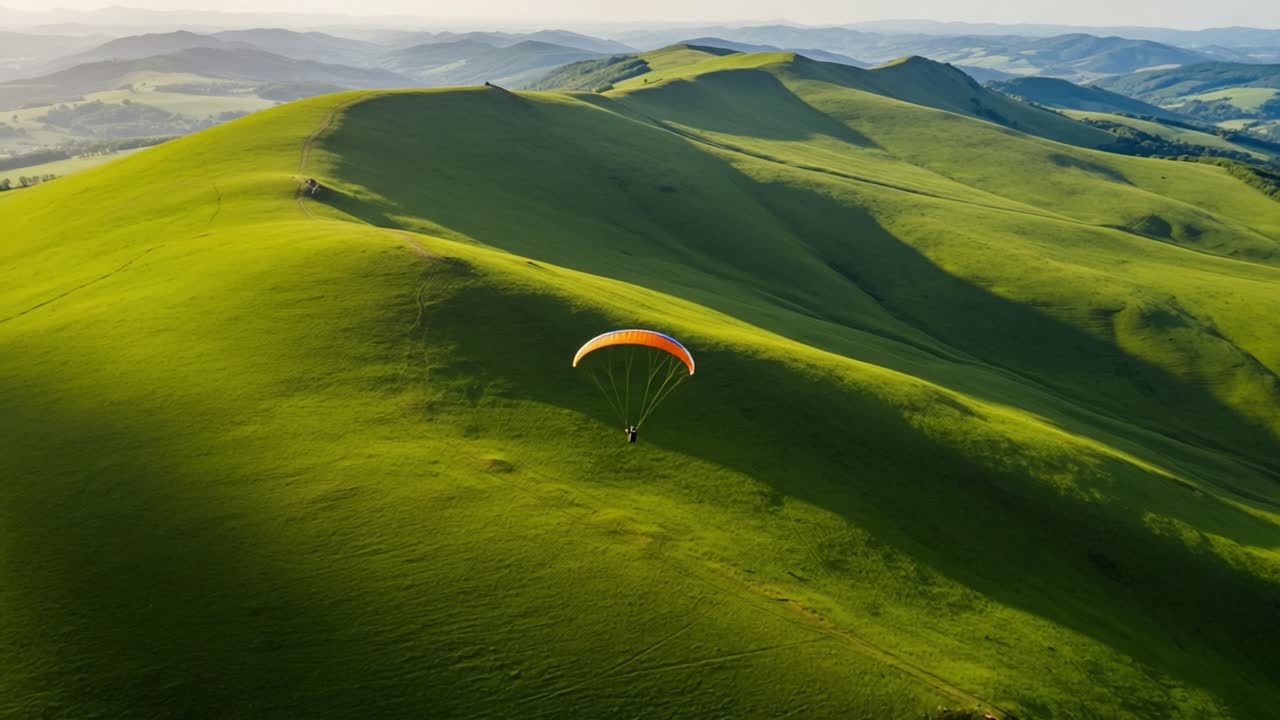 Paraglider Flying Over Green Mountain Ridges
