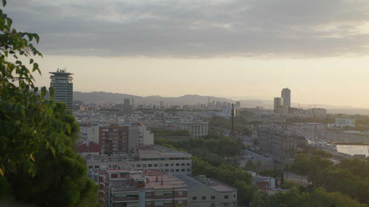 vista de alta resolución a través de árboles escénicos segundo ángulo, barcelona españa horizonte de la ciudad con amanecer dorado en 6k como los pájaros vuelan