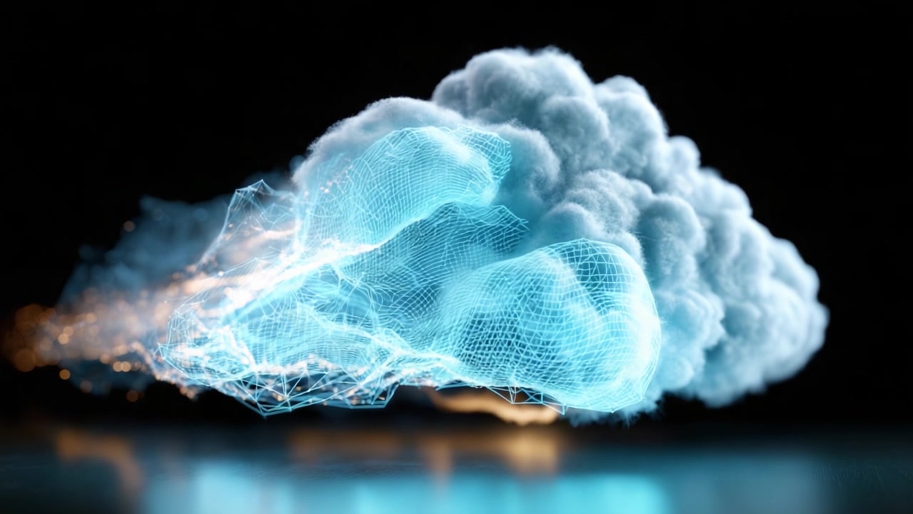 An Ethereal Cloud Forming from Data Mesh and Luminescent Elements, Capturing a Futuristic Aesthetic in a High-Impact Visual Composition