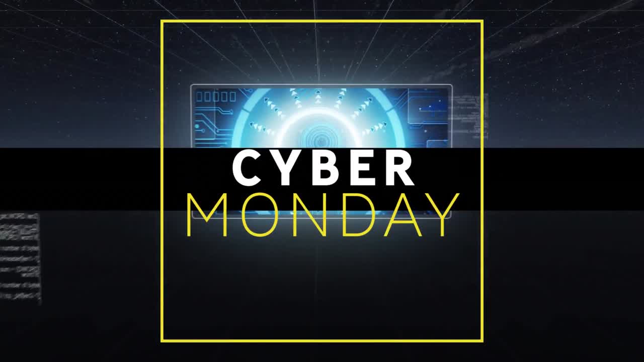 Digital animation af Cyber Monday tekstbanner mod flere runde scannere og databehandling