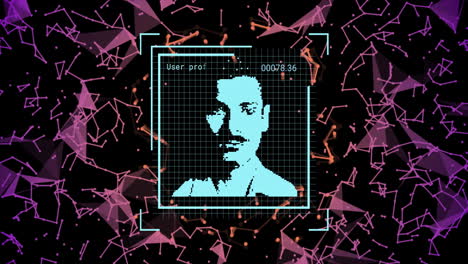 animación de la foto biométrica, procesamiento digital de datos y conexiones sobre fondo negro