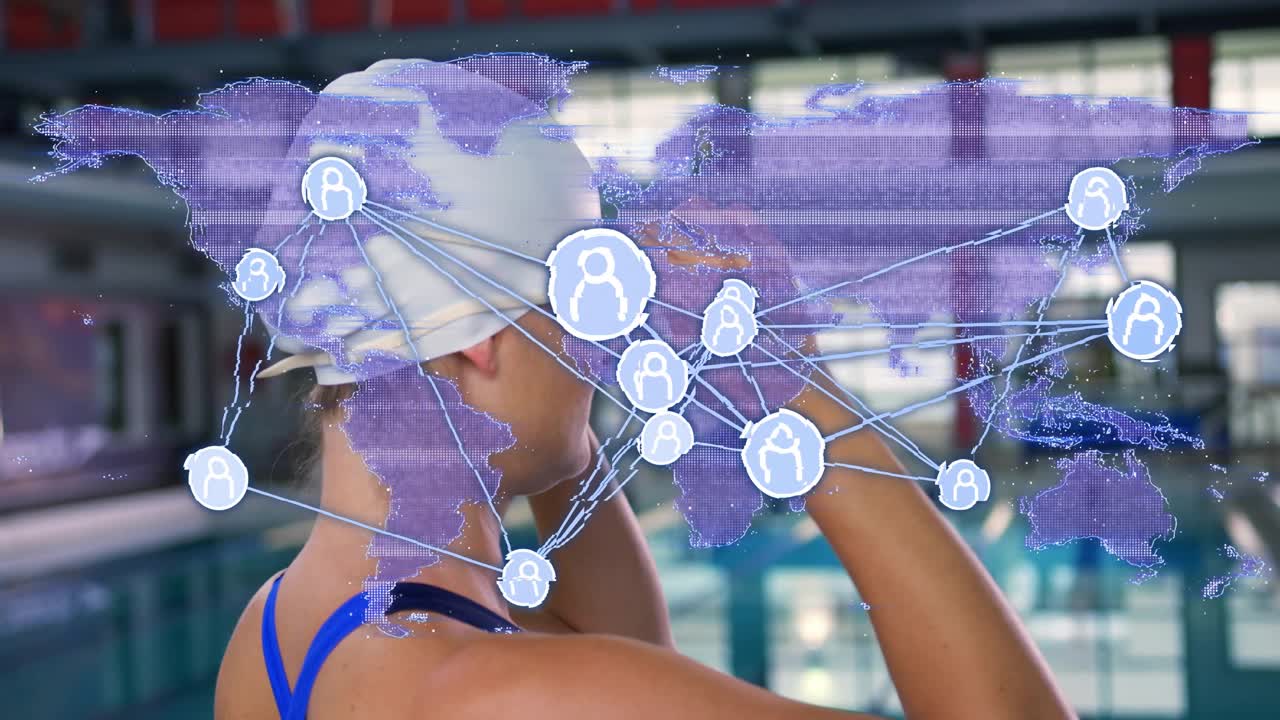 Nuotatrice che alza e sistema gli occhialini nella corsia della piscina, iniziando a nuotare con una sovrapposizione di rete sportiva.